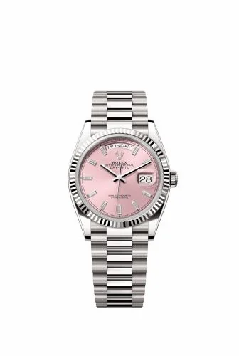 Rolex Day-Date 36 White Gold - Fluted / Pink - Baguette / President 128239-0071 (m128239-0071)